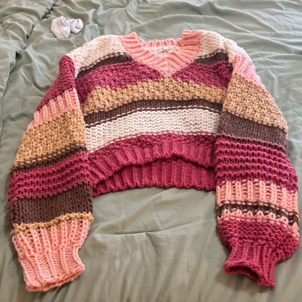 Altar'd State Pink and Brown V-Neck Sweater